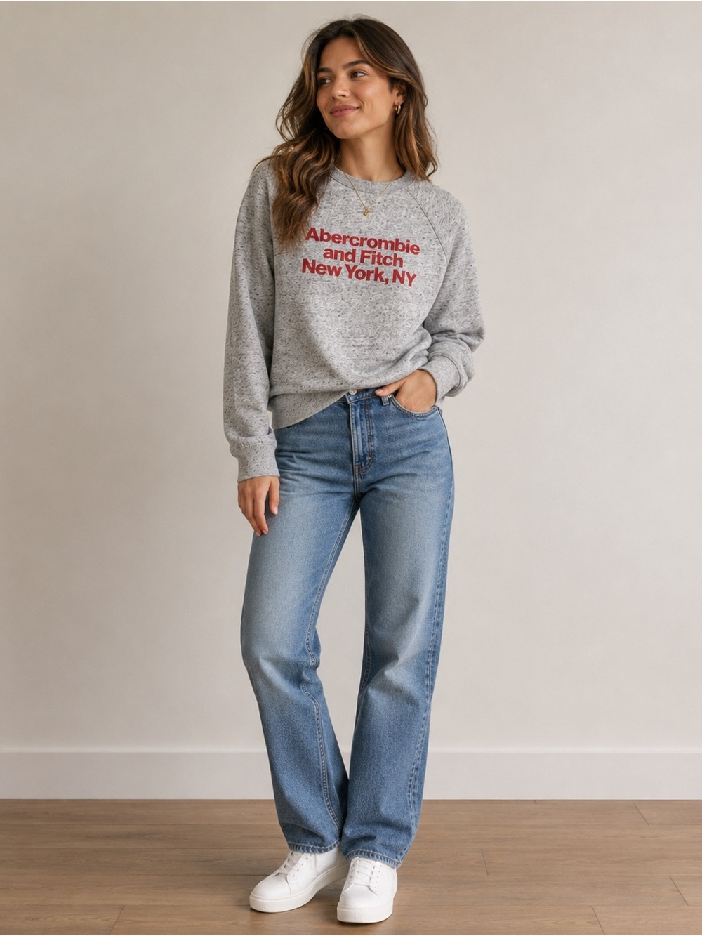 Abercrombie & Fitch Gray Crewneck Sweatshirt with Red Logo Text